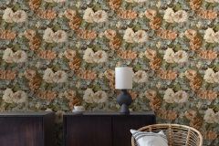 WL2101 cikkszámú tapéta,  Grandeco Wanderlust tapéta katalógusából Virágmintás,narancs-terrakotta,szürke,zöld,súrolható,vlies tapéta