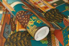 746211 cikkszámú tapéta,  Rasch Indian Style tapéta katalógusából állatok,különleges motívumos,természeti mintás,textil hatású,barna,bézs-drapp,kék,narancs-terrakotta,piros-bordó,sárga,türkiz,zöld,lemosható,vlies tapéta