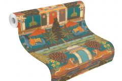 746211 cikkszámú tapéta,  Rasch Indian Style tapéta katalógusából állatok,különleges motívumos,természeti mintás,textil hatású,barna,bézs-drapp,kék,narancs-terrakotta,piros-bordó,sárga,türkiz,zöld,lemosható,vlies tapéta