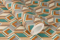 746525 cikkszámú tapéta,  Rasch Indian Style tapéta katalógusából 3d hatású,geometriai mintás,textil hatású,bézs-drapp,narancs-terrakotta,türkiz,zöld,lemosható,vlies tapéta